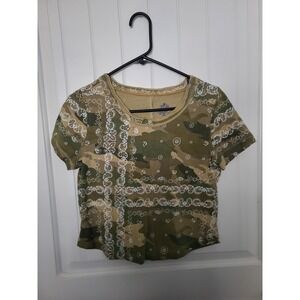 Pilcro Camo Bandana Paisley Print T-Shirt Womens Medium Green Scoop Neck Tee